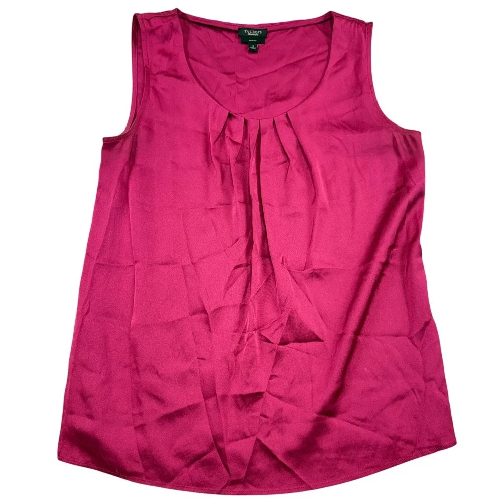 Talbots Magenta Pink Silk Stretch Pleated Scoop Neck Sleeveless Blouse Shell 2